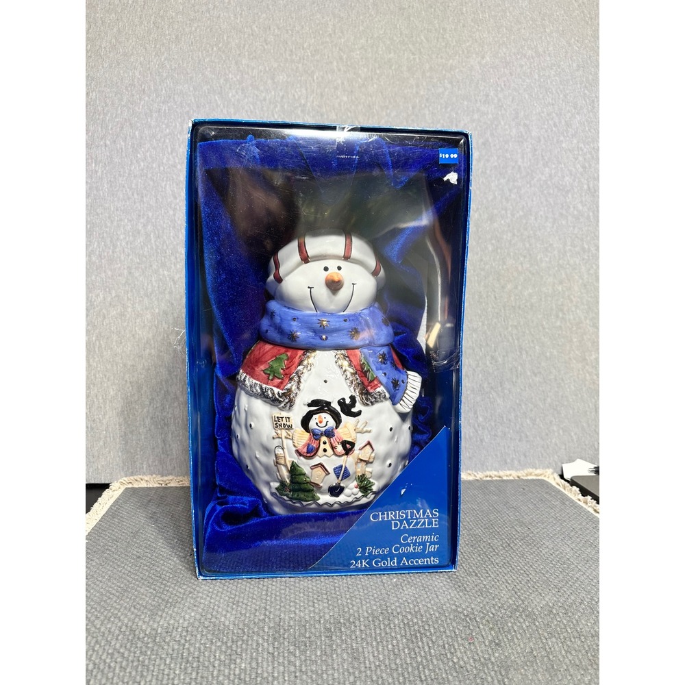 Vtg NIB Christmas Dazzle Ceramic Snowman Cookie Jar 24K Gold Accents Holiday